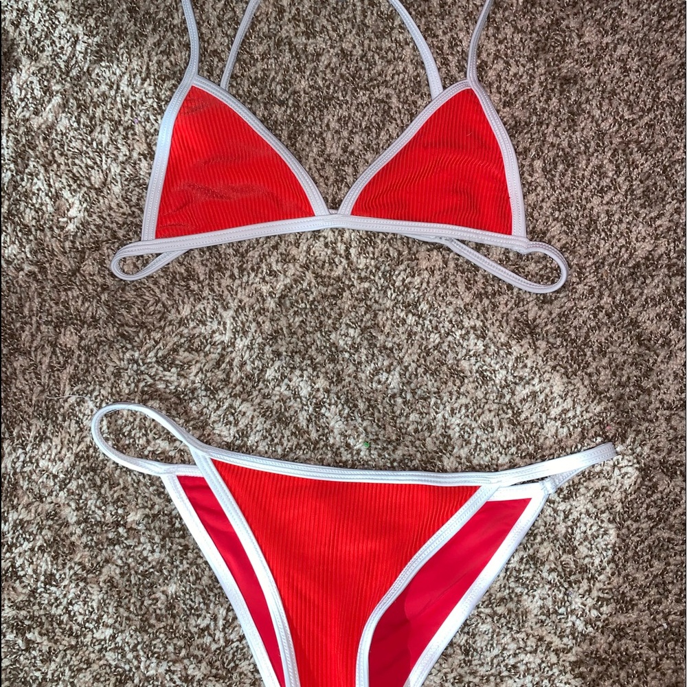 red and white 2 piece bathing suit